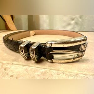 Talbots Leather Black Crocodile Embossed Belt with Embossed Silver Buckle